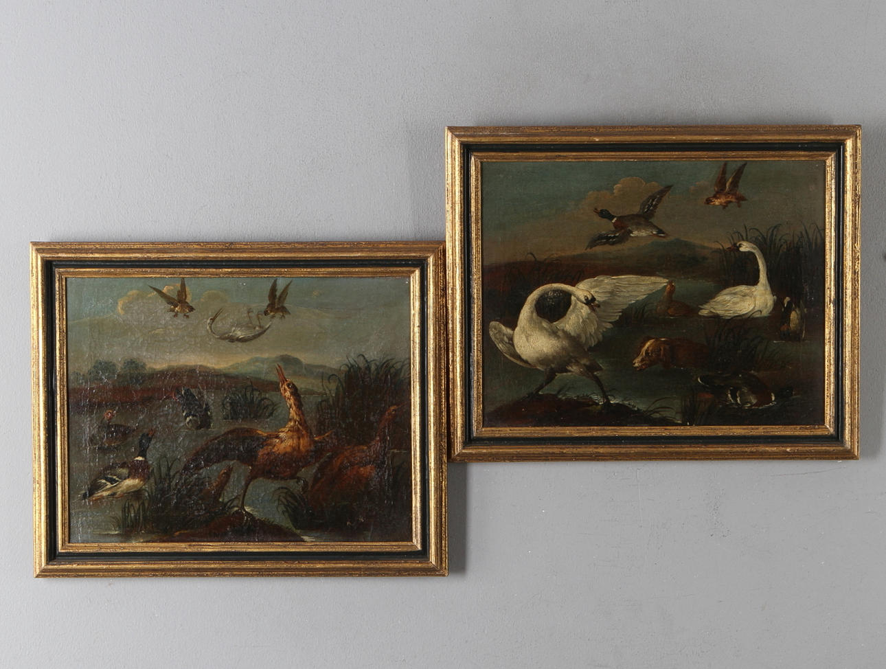 JEAN-BAPTIST OUDRY. HANS ART. 2 st. Jakscener med sjöfåglar, olja på duk, osignerade, 1700-tal.