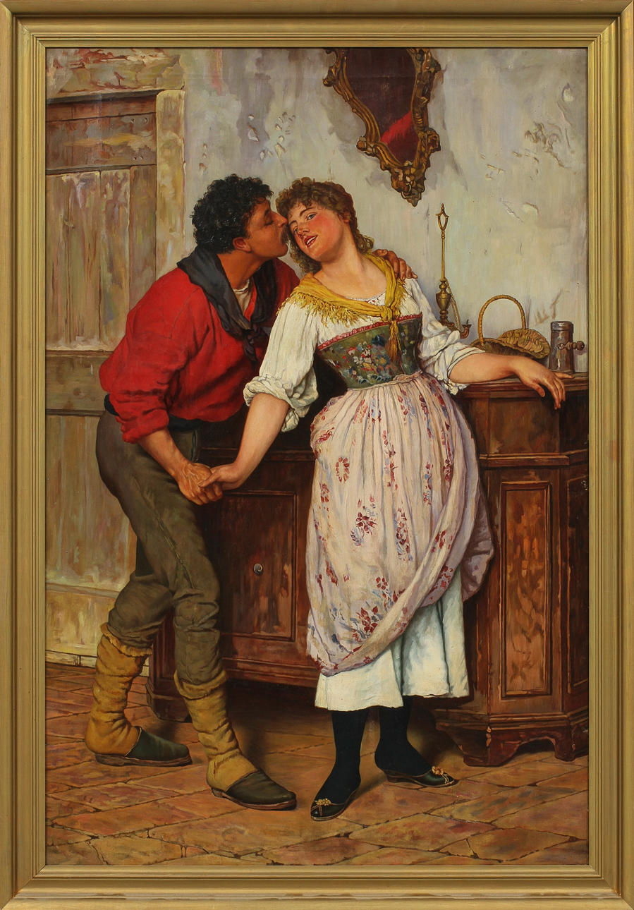OIDENTIFIERAD KONSTNÄR. Interiör med par, olja på duk 1800-tal.