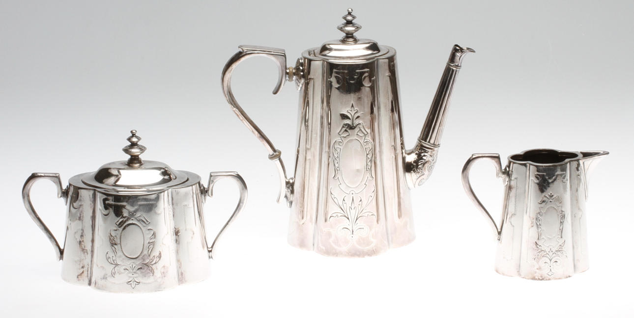 KAFFESERVIS, 3 delar, vitmetall, märkt WMFB, 1900-tal.