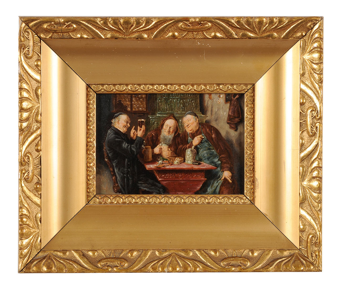 FRANZ HANFSTAENGL NACH EDUARD GRÜTZNER. Genre scen. Tre män med ölmuggar på vespers.