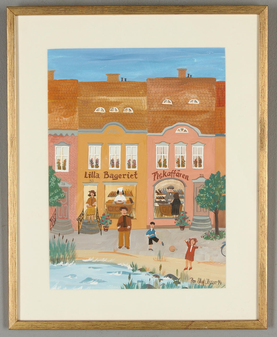 PER-OLOF OLSSON. Lilla Bageriet/Fiskaffären, blandteknik, signerad samt daterad -94.