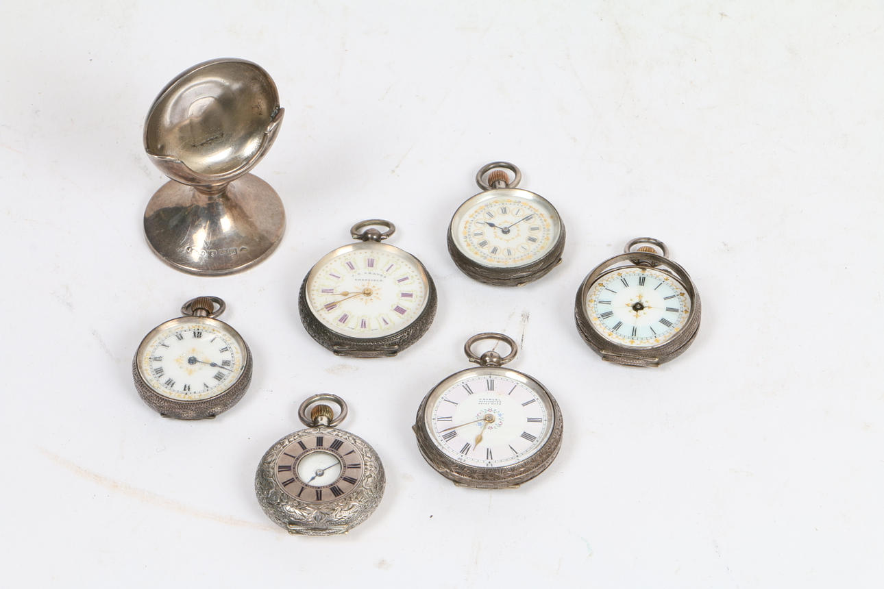 SIX SILVER CASED FOB WATCHES (5).