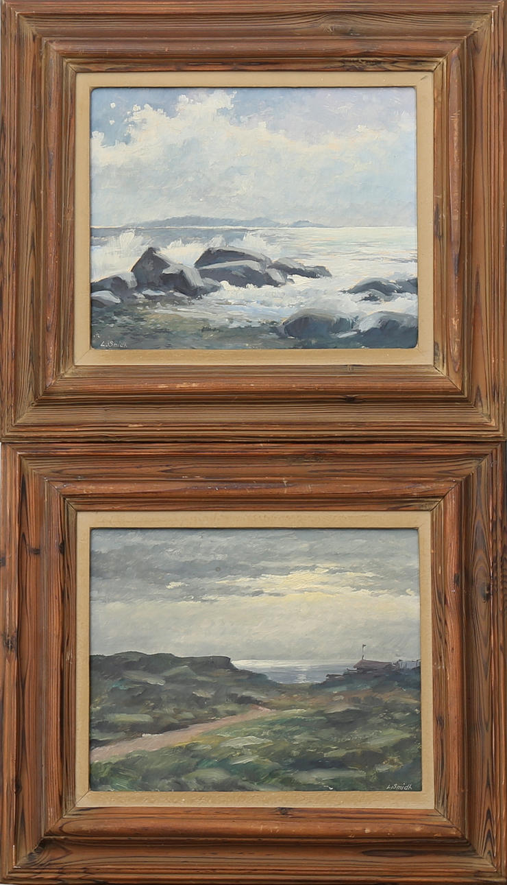 OKÄND KONSTNÄR. Parti konst, 2 st, Kustparti, bränningar, oljor på pannåer, signerade L Smidt.
