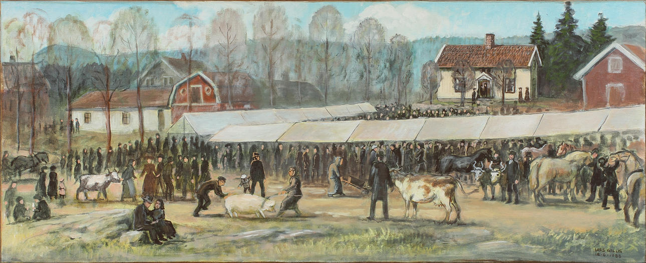 LARS GILLIS. Marknad, olja på duk, signerad och daterad 1988.