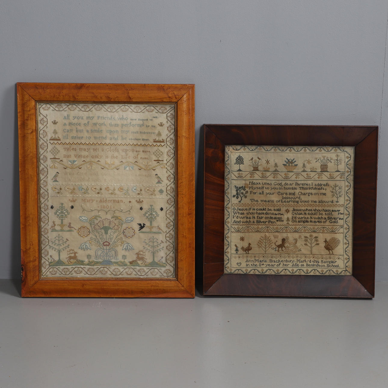 AN EARLY 19TH CENTURY NEEDLEWORK PICTORIAL SAMPLER.