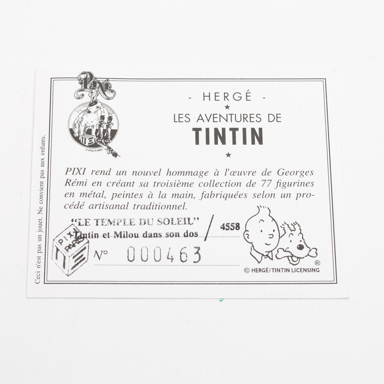 TINTIN, painted metal figurine, numbered 463, Pixi Paris, 1993