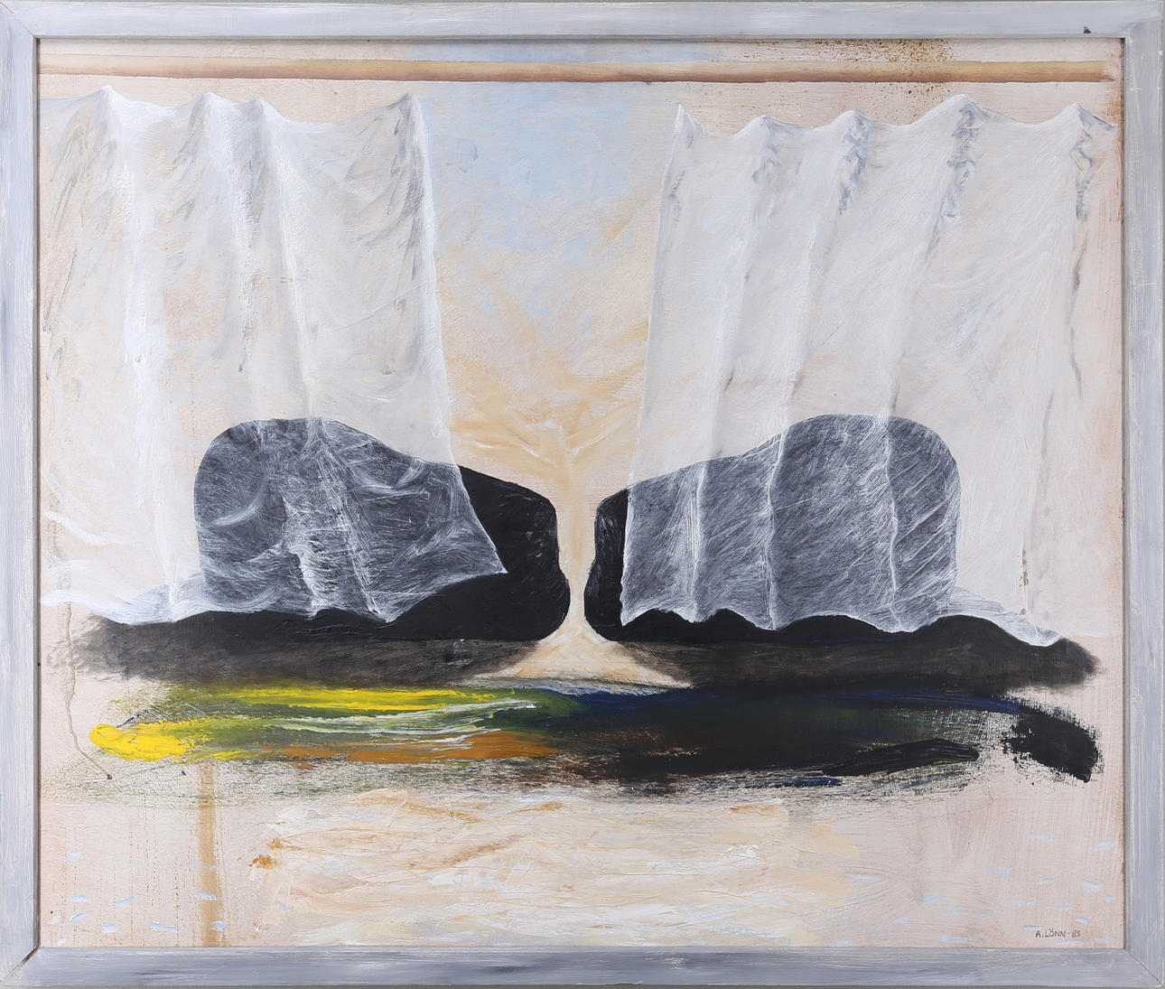 ANDERS LÖNN. Tyllgardiner, olja på pannå, signerad och daterad "A.Lönn-83", 1983.