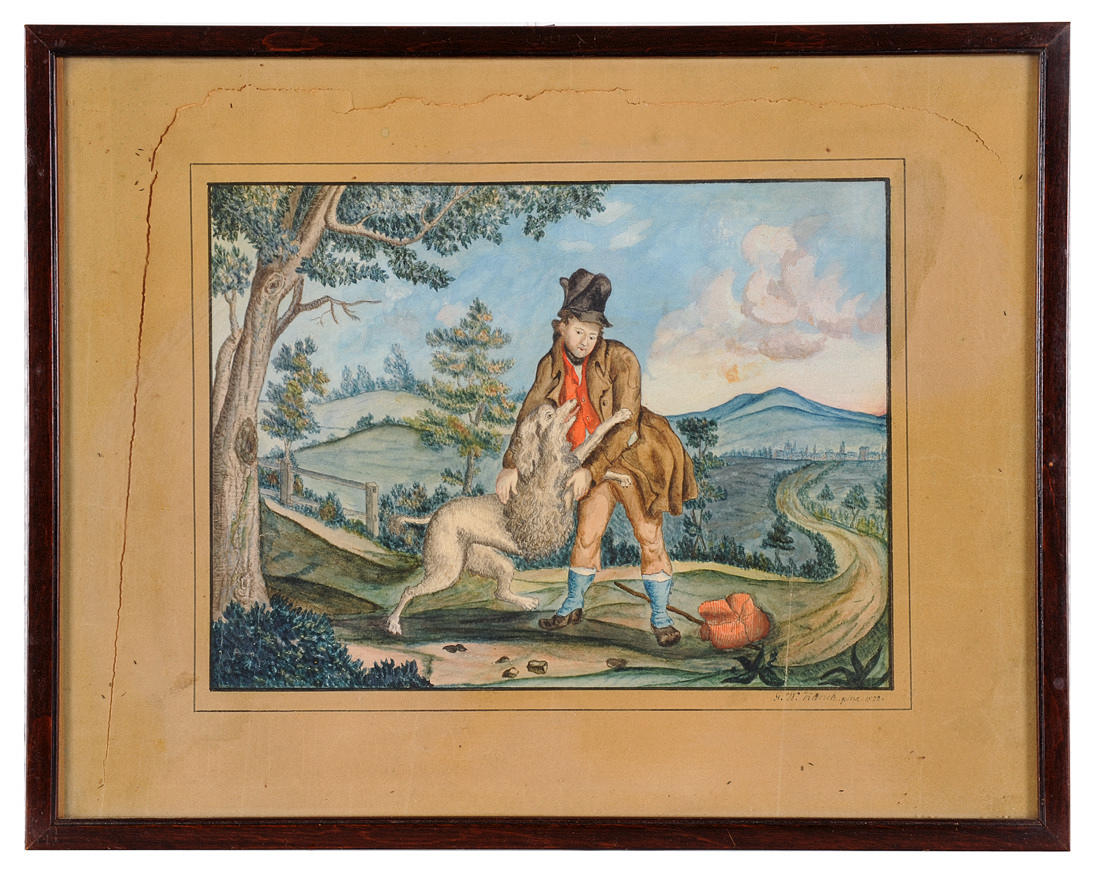 AQUARELL, DATIERT 1822. Luffare, clochard med hund i ett landskap som är typiskt för tiden.