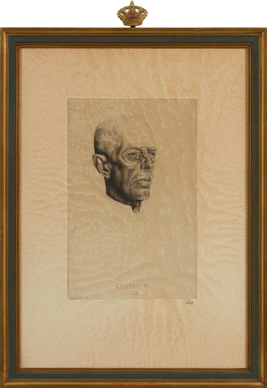 AXEL FRIDELL. "Gustav V, 75 år", etsning, signerad och daterad Solliden 1932.