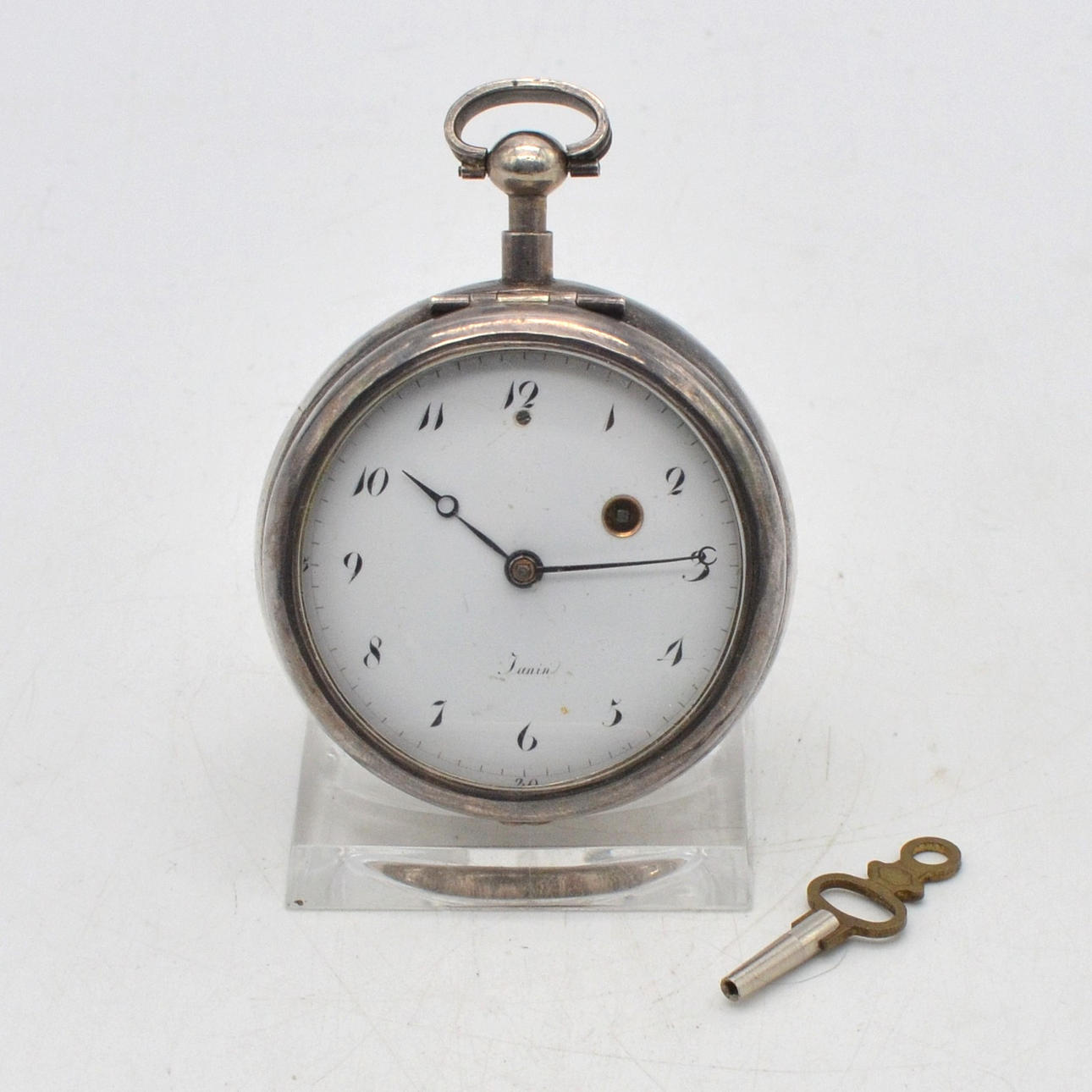 SILVER-PLATED SPINDLE POCKET WATCH, “JANIN” WITH KEY RING, HANDMADE ...