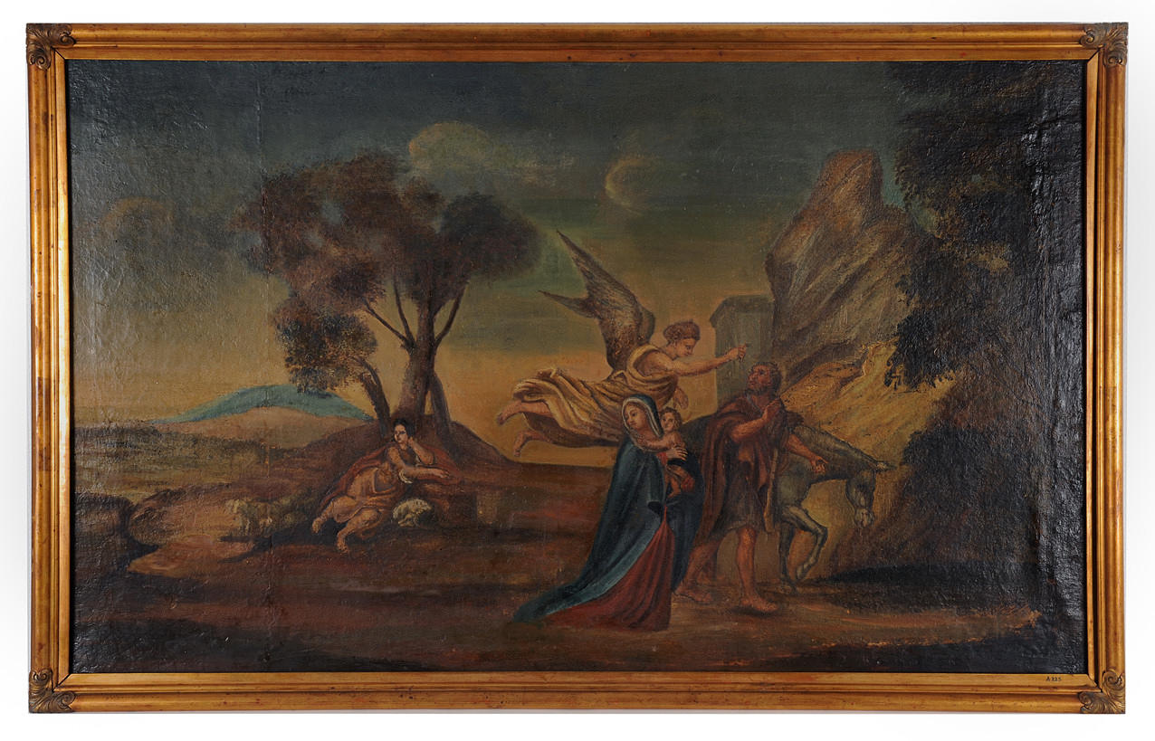 OIDENTIFIERAD KONSTNÄR. Flykten till Egypten. Olja på duk, 1800-tal. Osignerad.