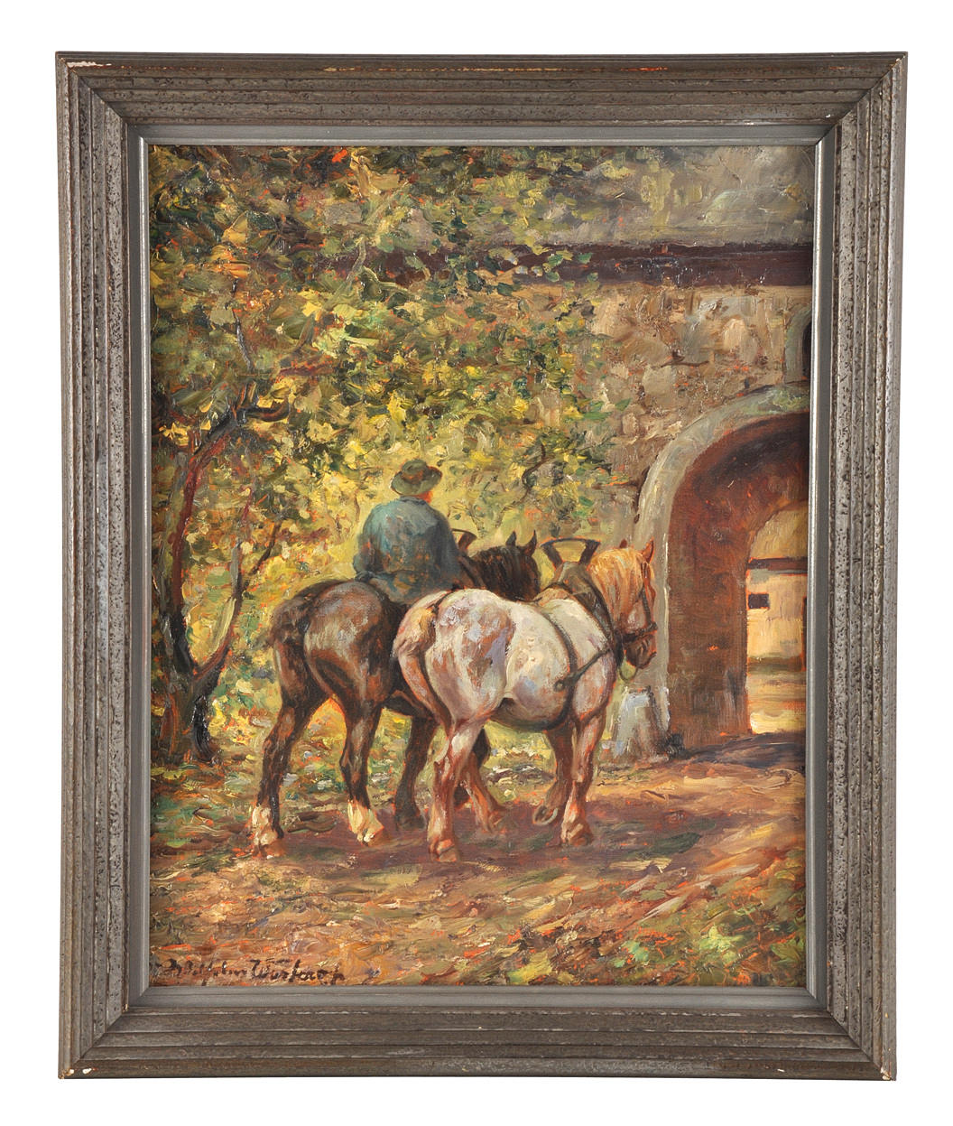 WILHELM WESTEROP. Människan leder två hästar genom en lund till en fästning.