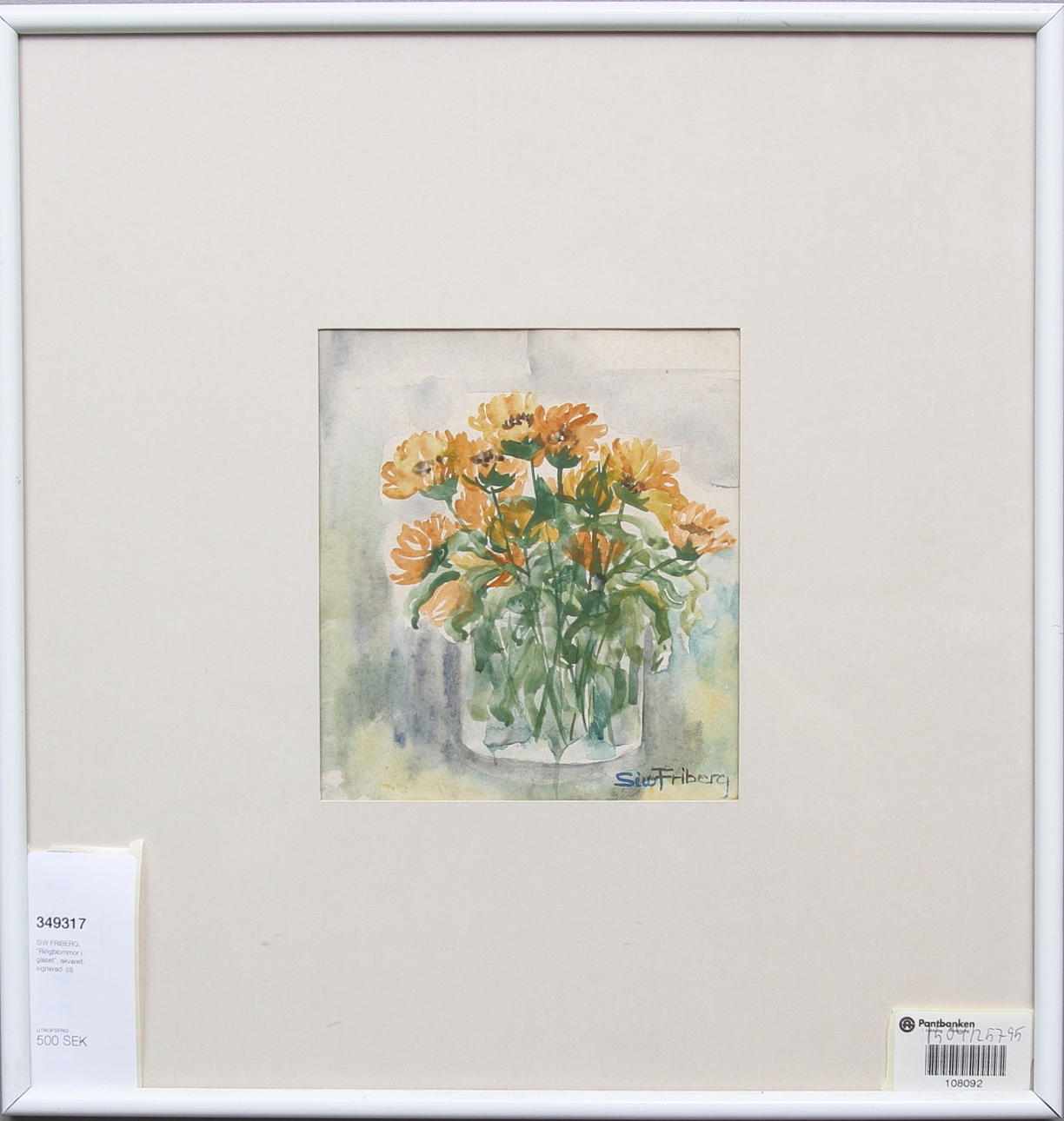 SIW FRIBERG. "Ringblommor i glaset", akvarell, signerad.