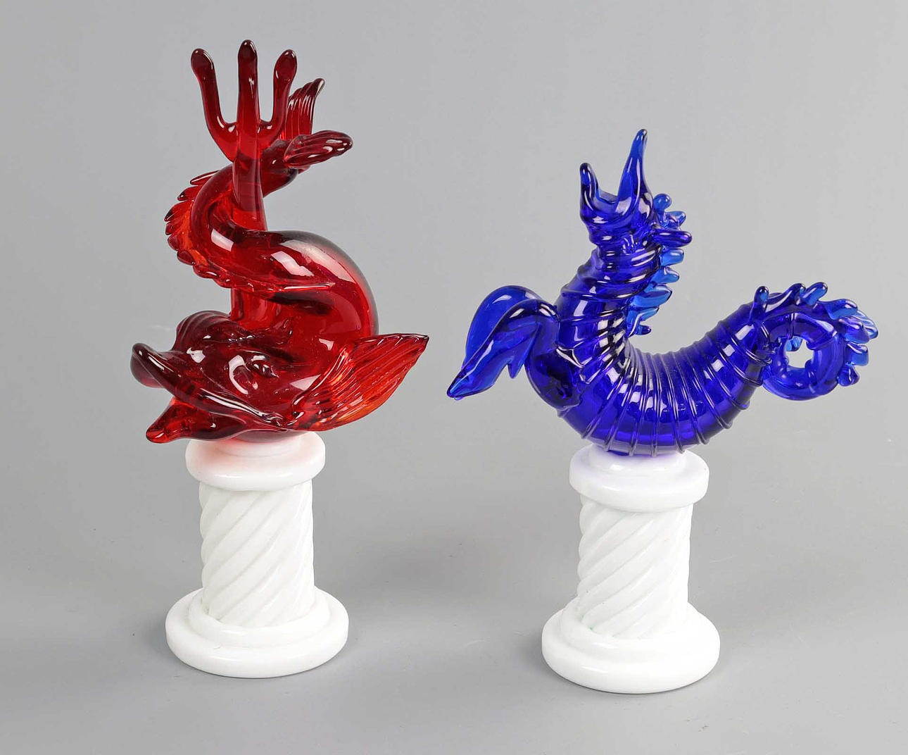 2 coloured glass sculptures, handmade.