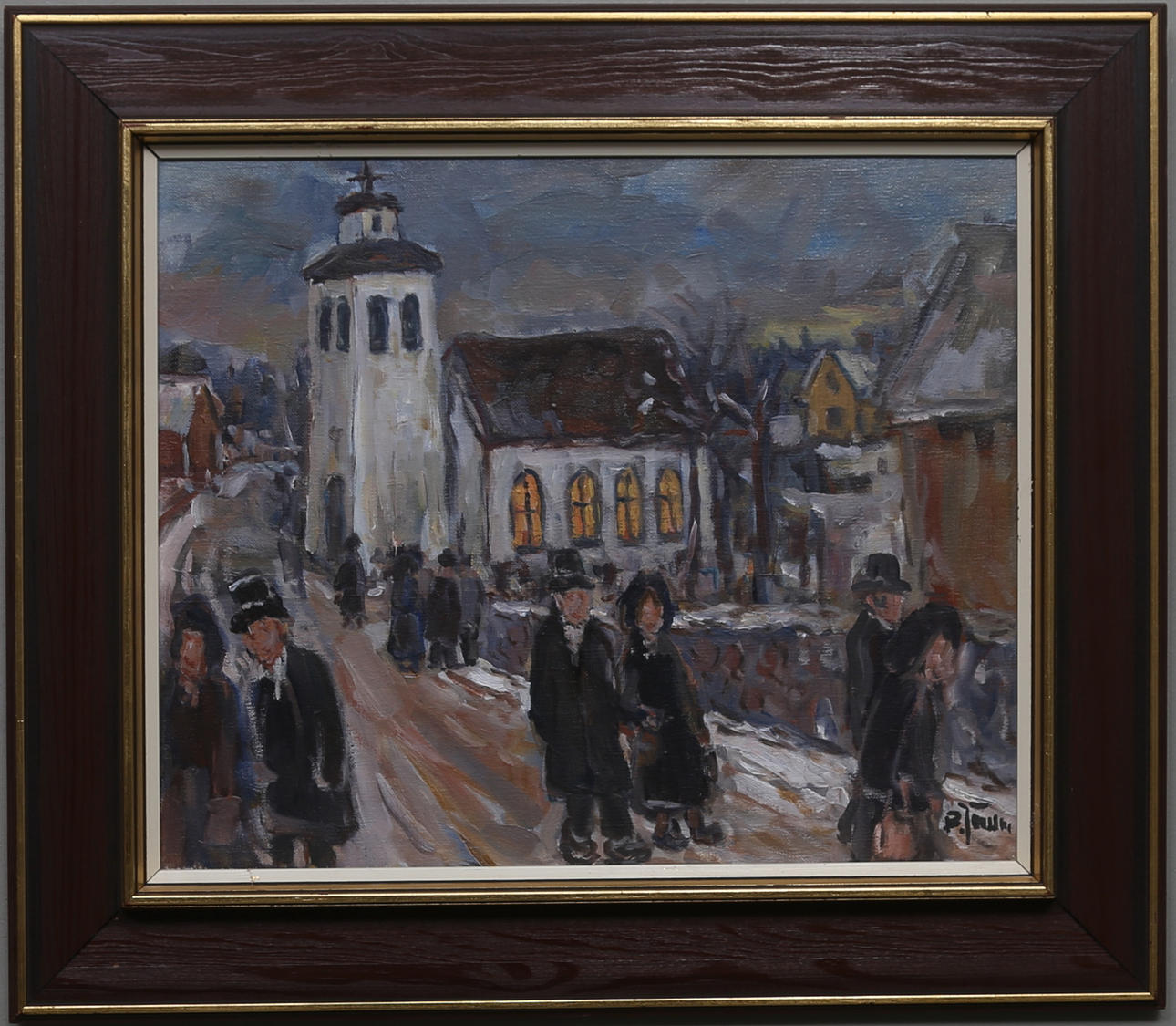 BROR JÖNSSON. Bygata men kyrka. Olja på duk. Signerad B.Jönsson.