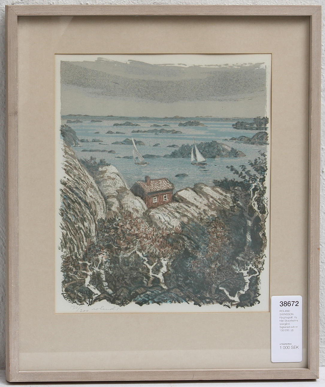 ROLAND SVENSSON. Färglitografi. Vy från Stockholms skärgård. Signerad och nr 130/200.