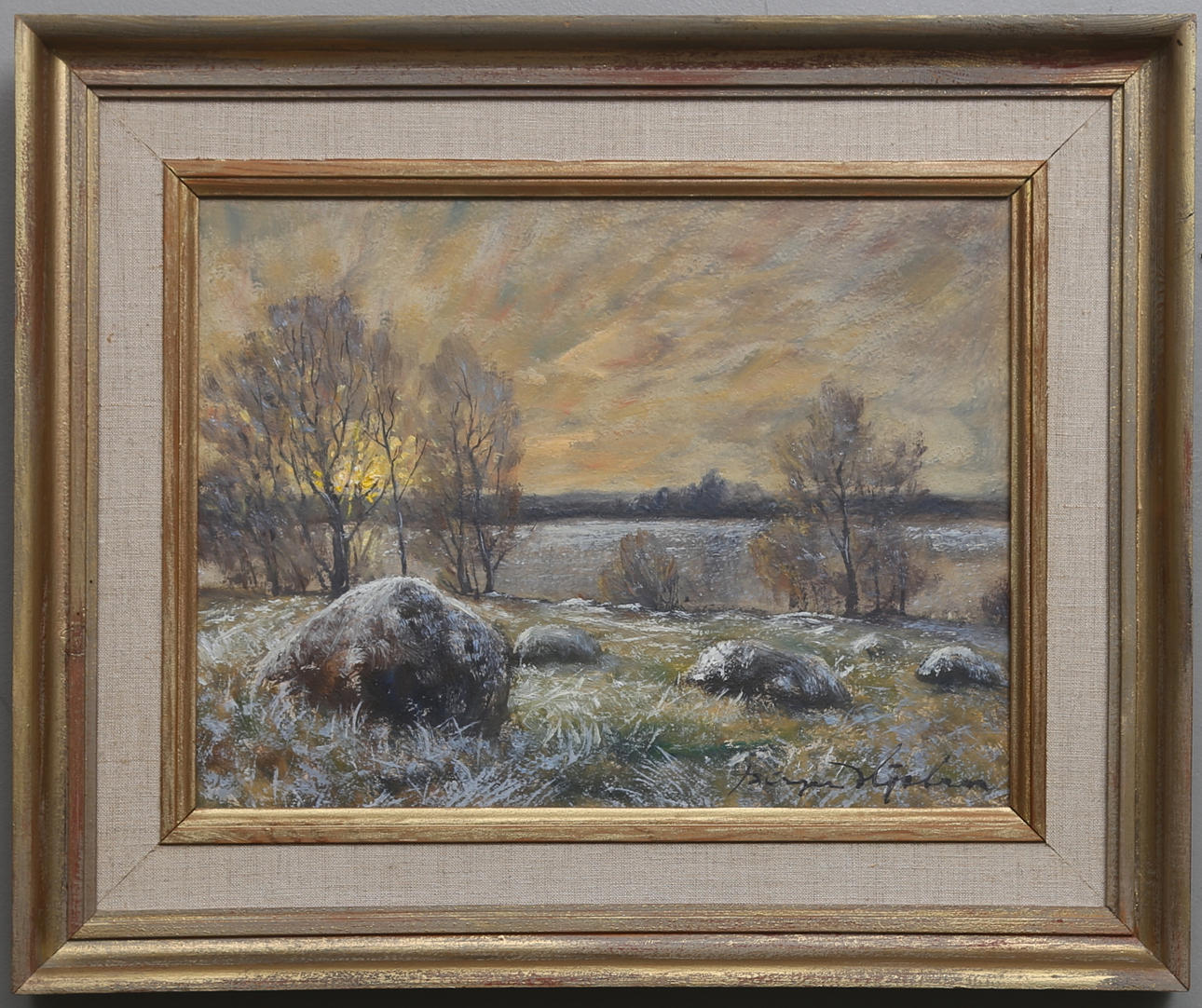 BIRGER HJELM. "Novemberkväll". Olja på pannå, signerad och daterad a tergo 1956.