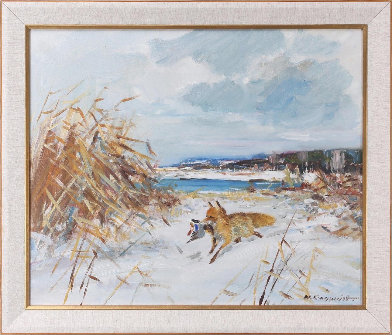 NILS E ENGQUIST. "Räv som tagit en and", olja på duk, signerad, 1900-talets mitt.