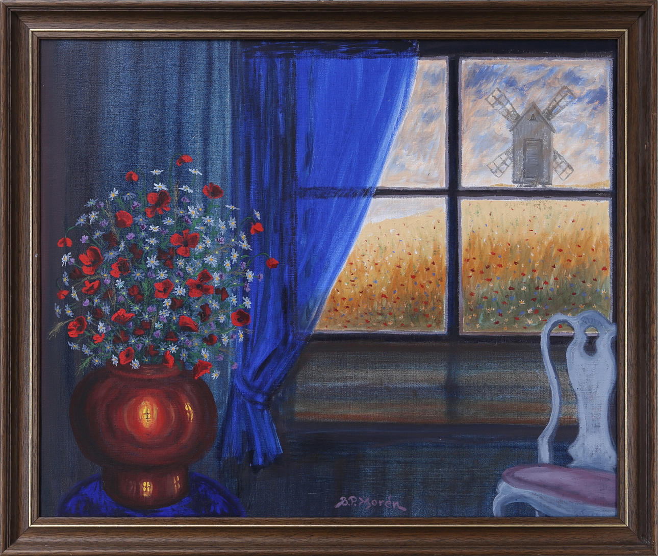 BERNT PETER MORÉN. Kopparkruka med vallmoblommor, olja på duk, signerad "B.P.Morén", 1900-talets andra hälft.