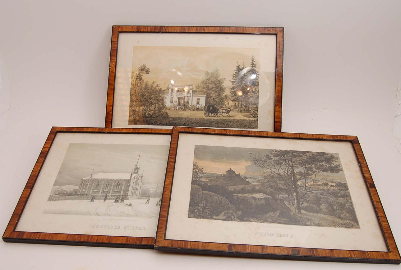 GÖTEBORG. Fyra tonlitografier: Jacobsdal. Skansen kronan, Engelska kyrkan, Wilhelmsberg.