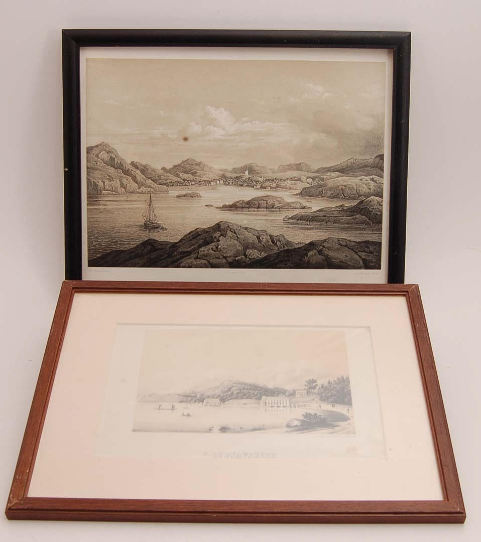 GUSTAFSBERG UDDEVALLA. två styck litografiska vyer över Gustafsberg + Uddevalla.