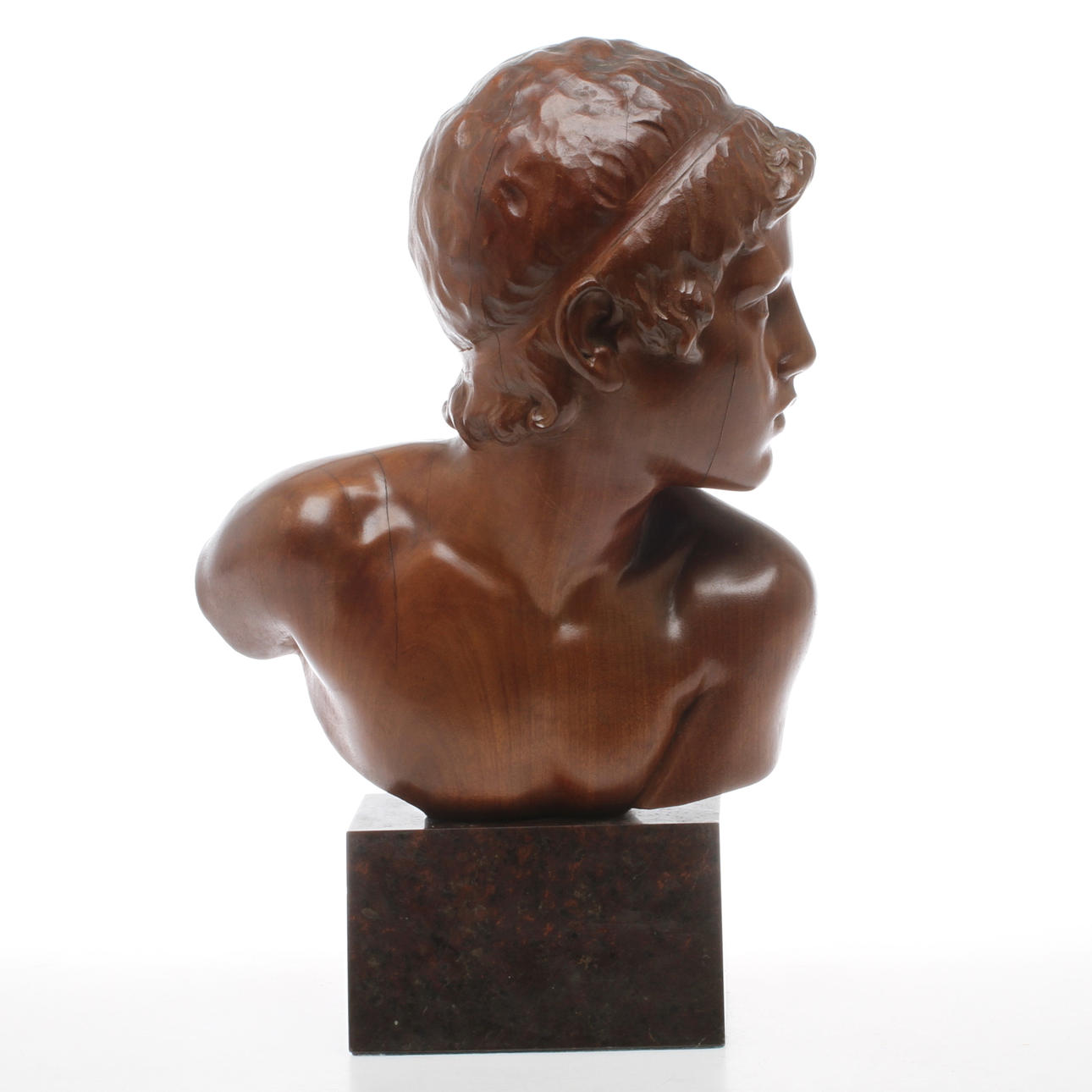 DEKORATIV BYST, trä på stensockel, 2000-tal.