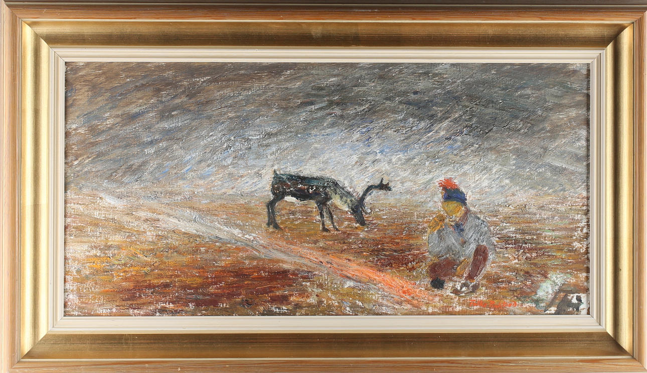 FOLKE RICKLUND. Same i fjällandskap samt Ren, olja på pannå, signerad.