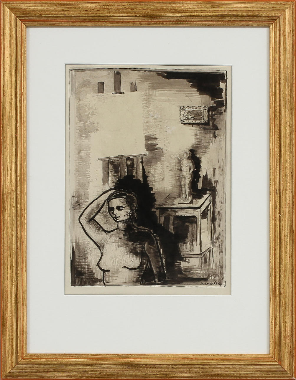 MARC STERLING. Kvinna i interiör. Tuschteckning, signerad.