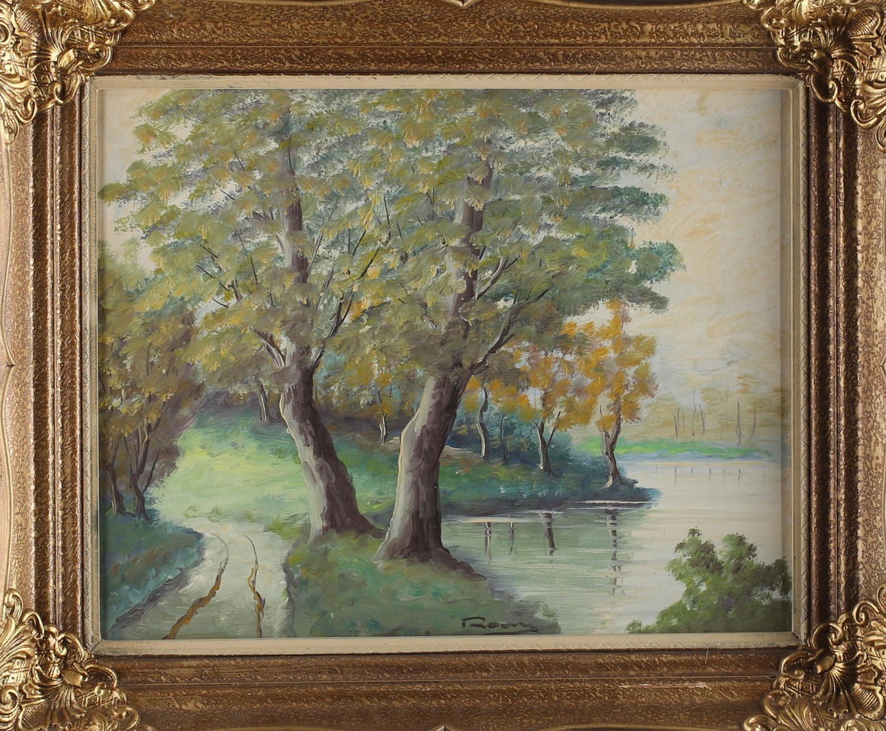 OIDENTIFIERAD KONSTNÄR. Skogslandskap vid sjö, olja på duk, signerad.