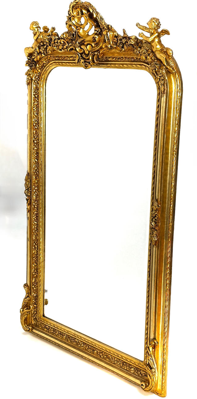 LARGE GILT FRAMED BEVELLED EDGE MIRROR.