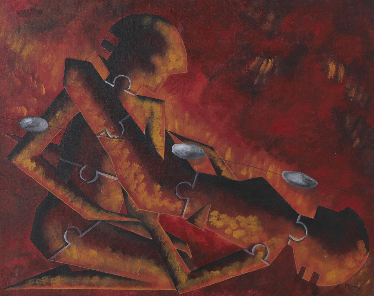 OIDENTIFIERAD KONSTNÄR. Composition with figures, oil on canvas, signed Mettis.