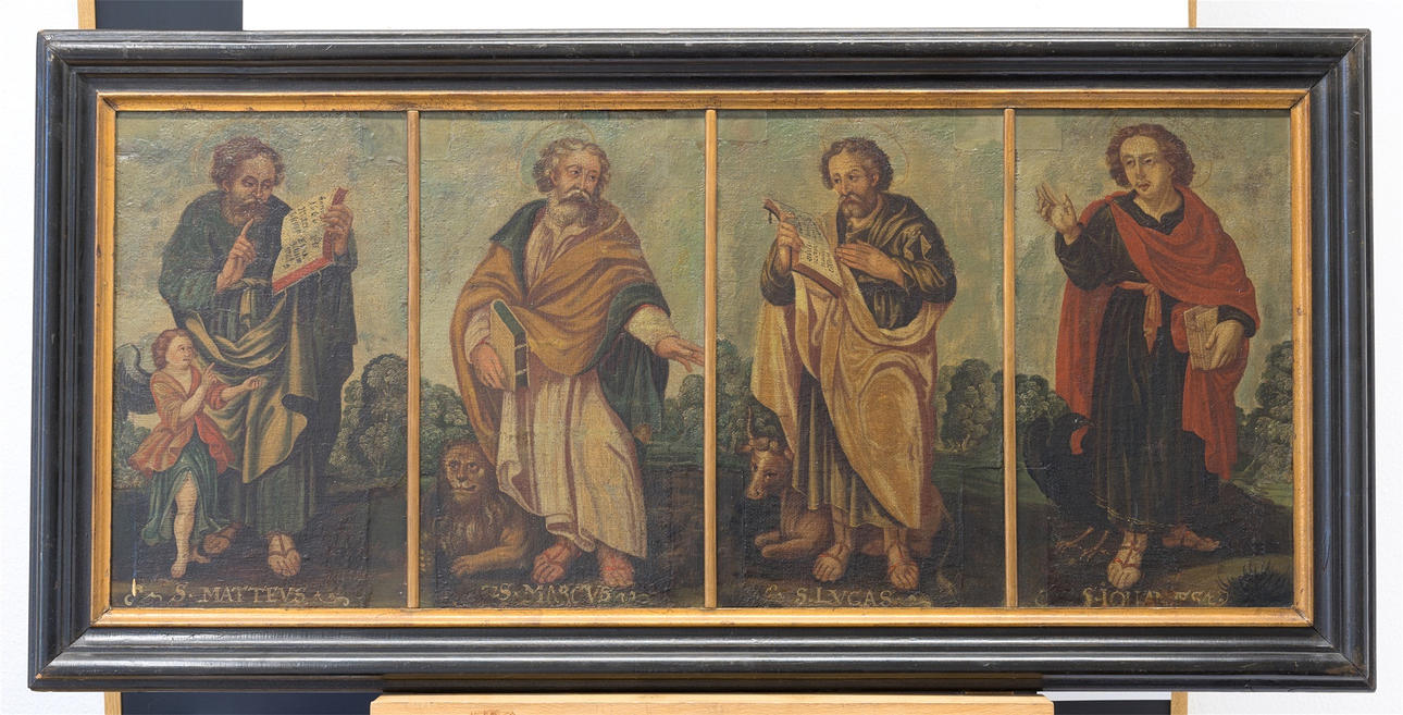 DEUTSCH 16. ODER 17. JH. De fyra evangelisterna. 4 målningar, vardera olja på duk. Varje ca.. 43,5 x 25 cm.