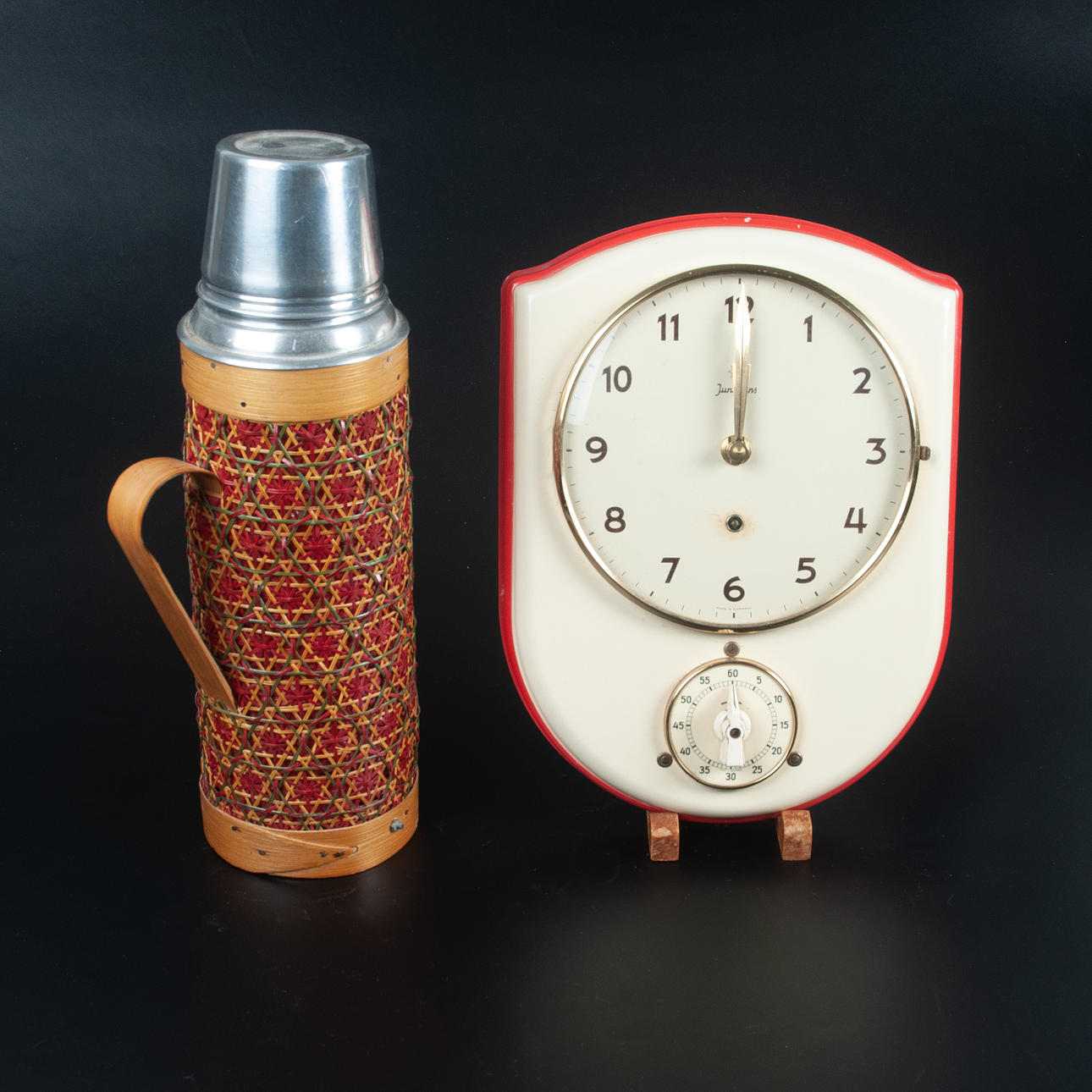 WALL CLOCK with egg clock, Junghans, and thermos mid 20th century.