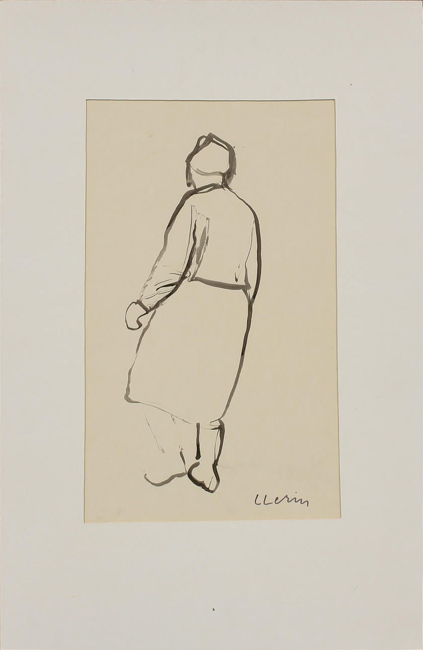 LARS LERIN. Studie av stående gumma. Akvarell, signerad.