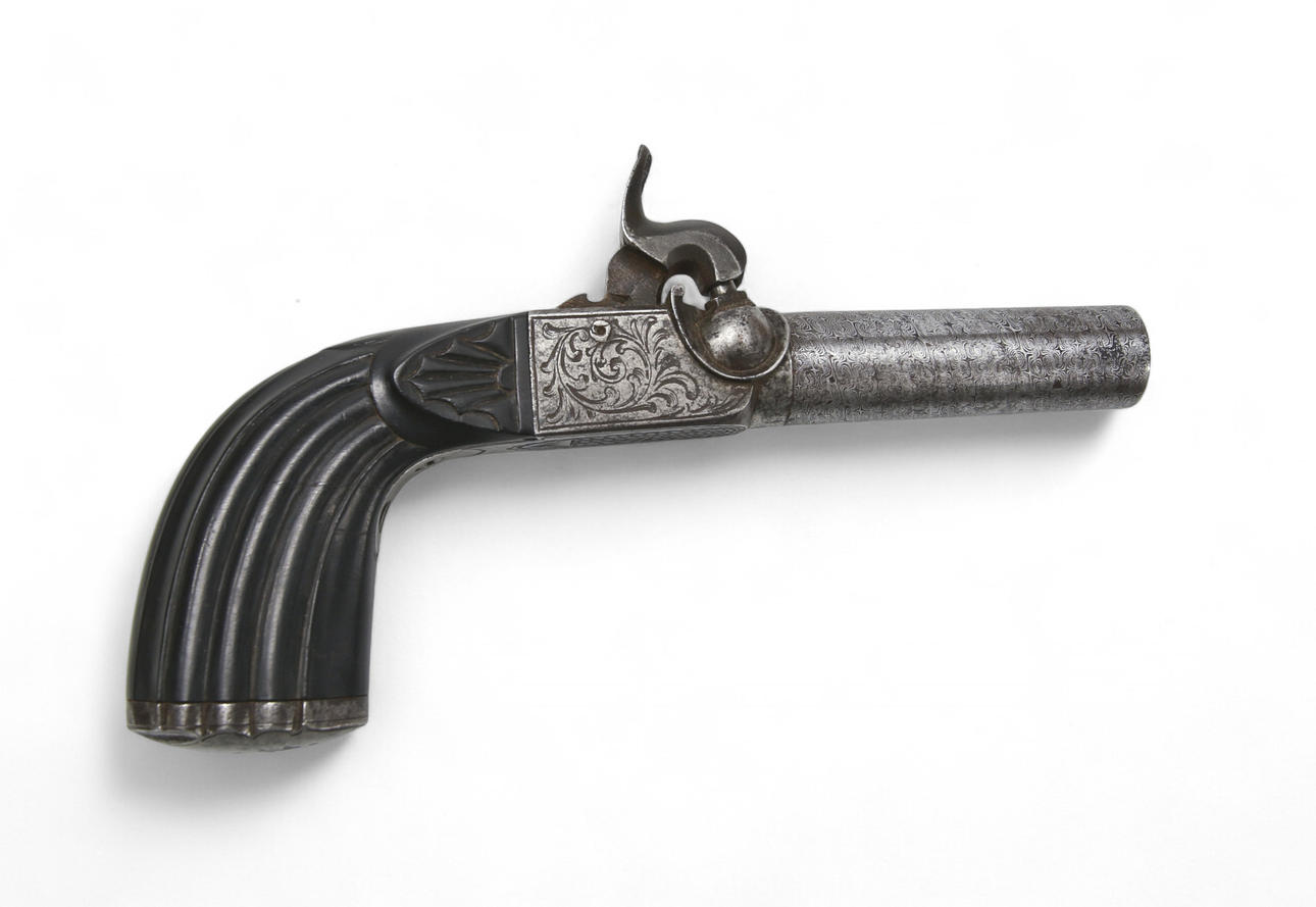 A BELGIAN SLAG LOCK POST, circa 1850, damskered pipe. Steel/Ebony (14 ...