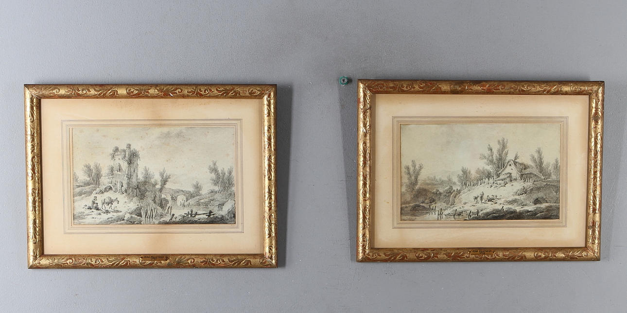 JEAN BAPTISTE PILLEMENT. 2 st, Landskap med ruin samt herdar vid hus, teckningar, signerade samt daterade 1792.