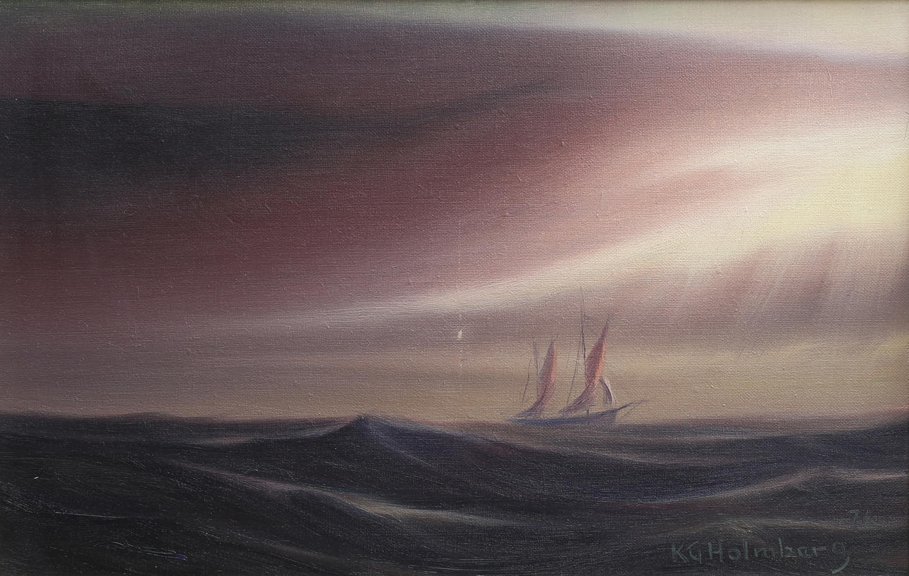 KARL GUSTAV HOLMBERG. Havsmotiv med fartyg. Olja på duk, signerad KG Holmberg och daterad -76.