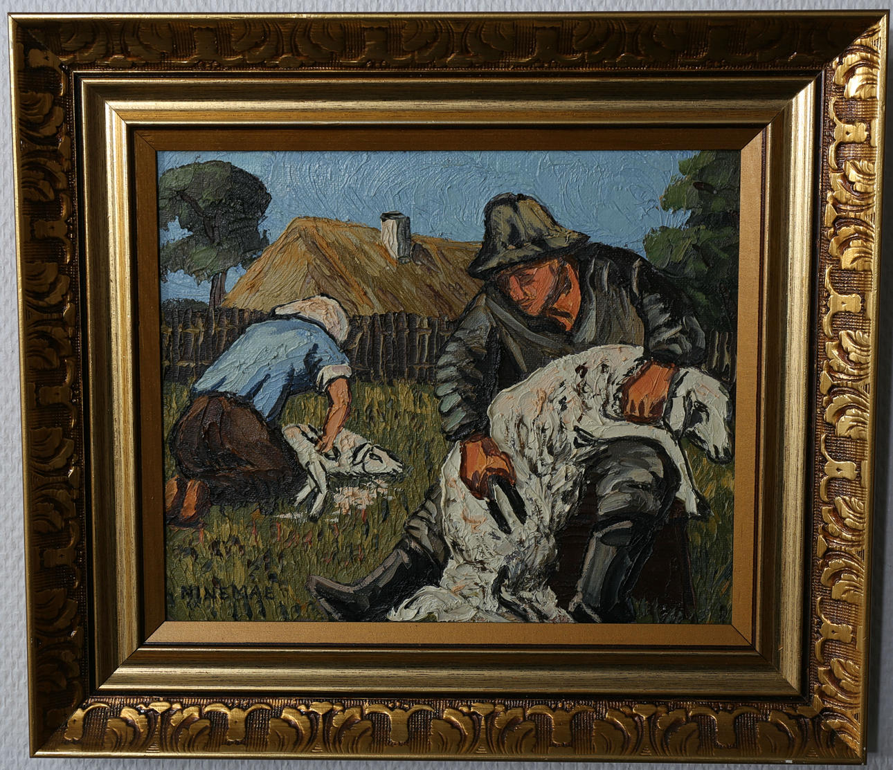 BORIS NINEMAE. Olja på duk, "Fårklippning", signerad Ninemae.