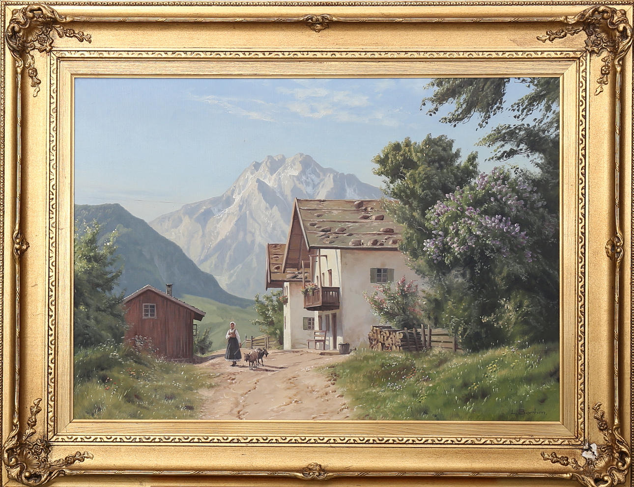 OIDENTIFIERAD KONSTNÄR. Alplandskap, olja på duk, signerad L Boehm.