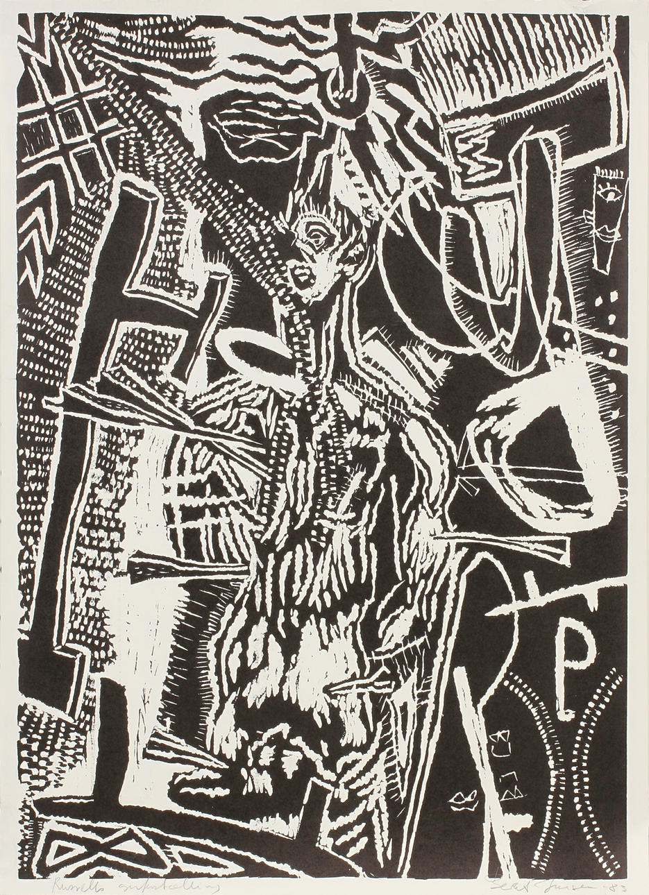 BERIT JENSEN. "Russels genfortaelling", Linoleumsnitt, signerad.