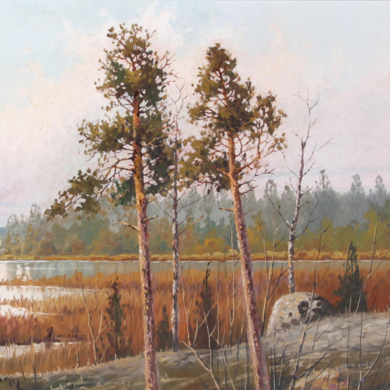 EJNAR KOHLMANN. Olja på duk, tallar vid sjö, signerad.