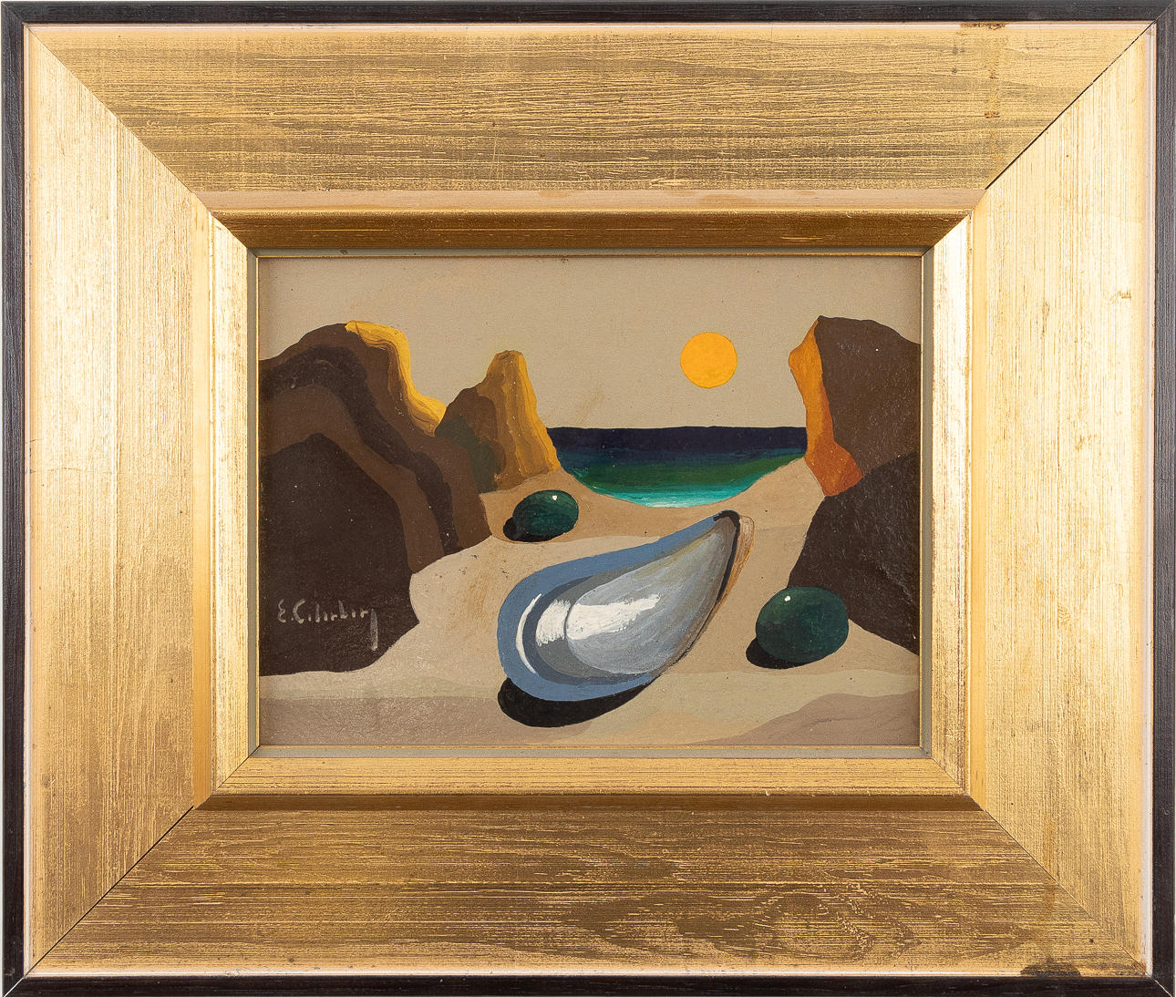 ERIC CEDERBERG. Beach picture with seashell and rocks, tempera on panel.