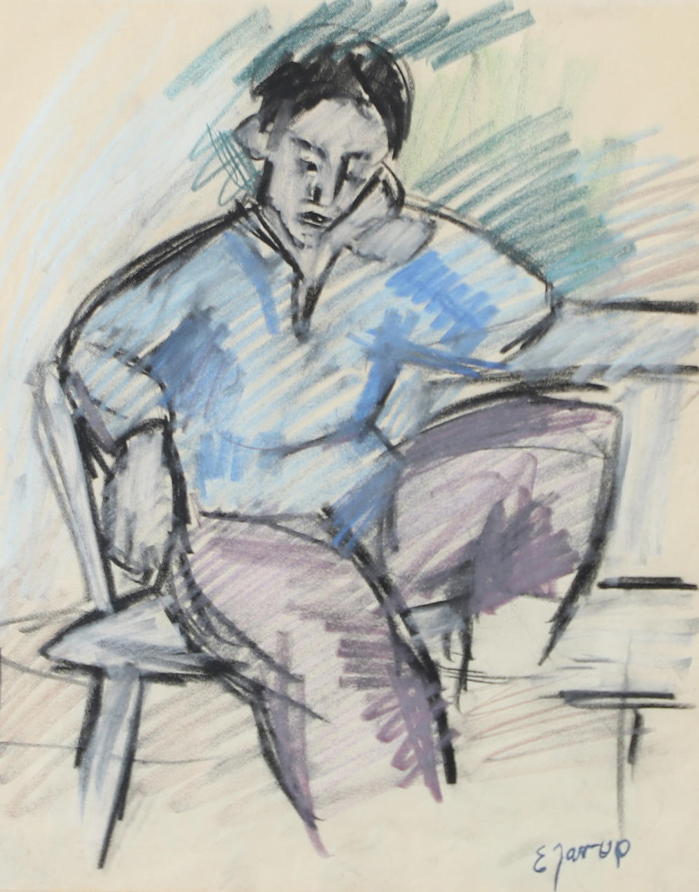 EDVIN JARUP. Sitting man, drawing, signed E. Jarup.