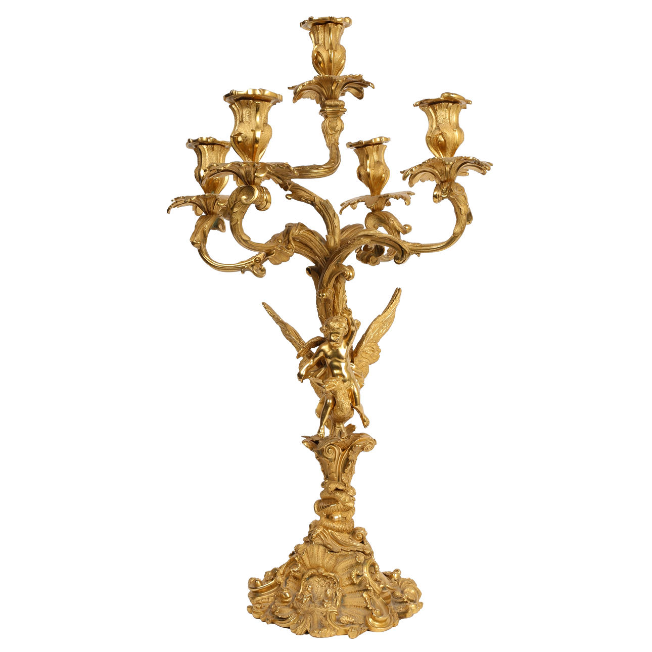 A ROCOCO GILT ORMOLU FIVE BRANCH CENTREPIECE CANDELABRA.