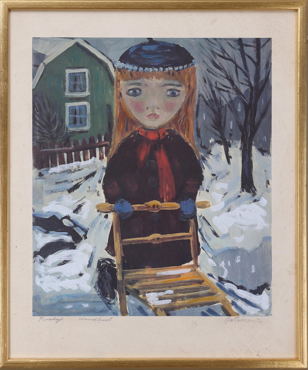 ÅKE WICKSTRÖM. Flicka med spark, handkolorerat tryck, "provtryck", signerat, 1900-talets senare hälft.