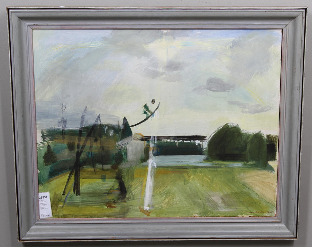 VERNER MOLIN. "Sol Ingerängsbodarna". Blandteknik på pannå. Signerad och daterad -44-45.