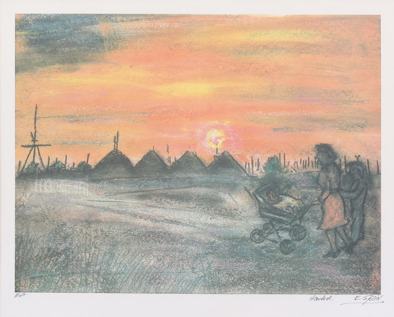 EBBE SJÖLIN (1922-1995). Composition with sunset, hand coloured lithograph, signed, marked EA.