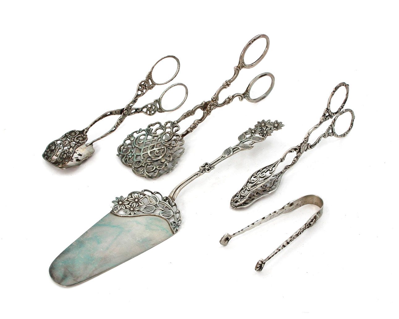 ÄKTA SILVER, TÅRTSPADE, SOCKER- KAKTÄNGER.