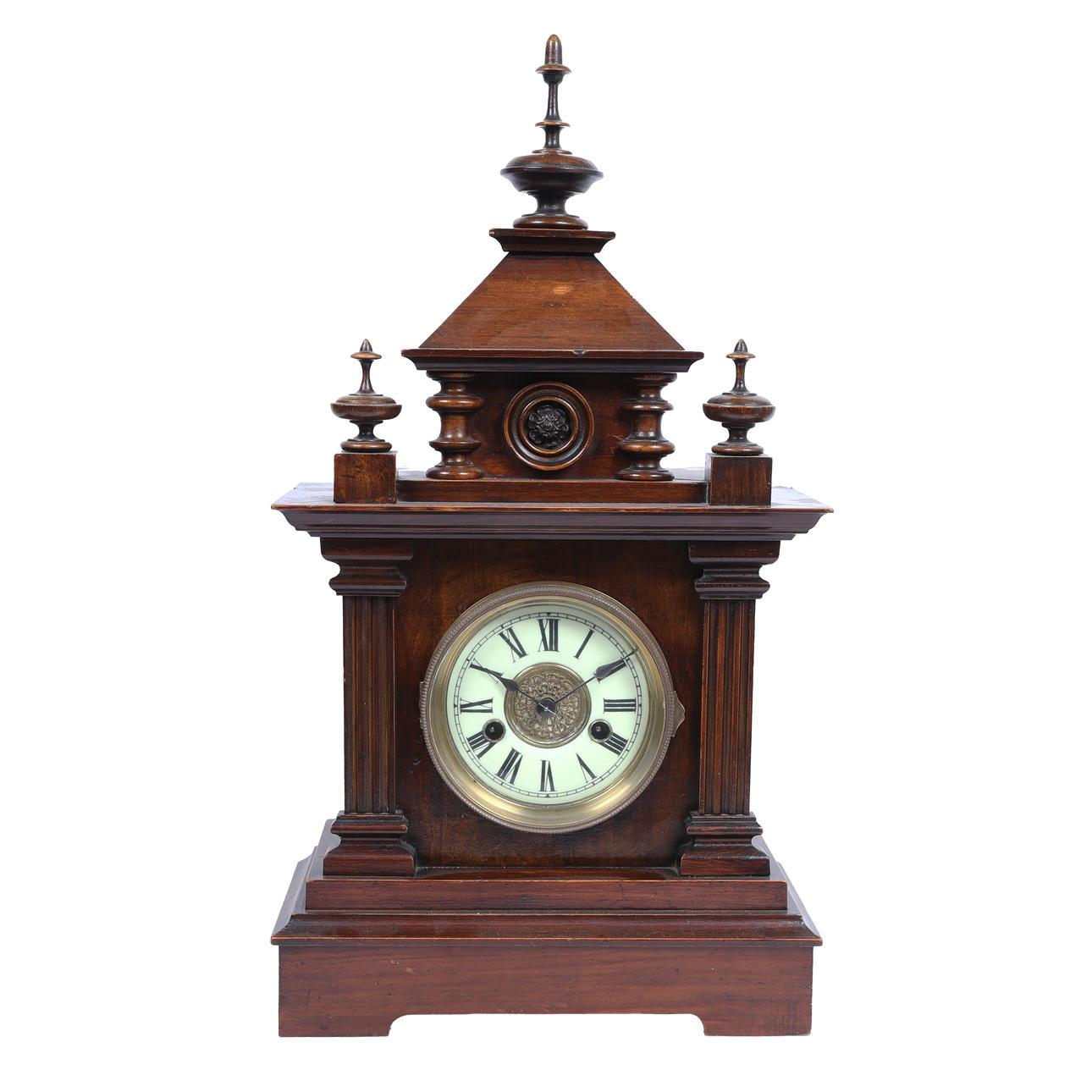 A GERMAN HAC 14 DAY STRIKE WALNUT MANTEL CLOCK.