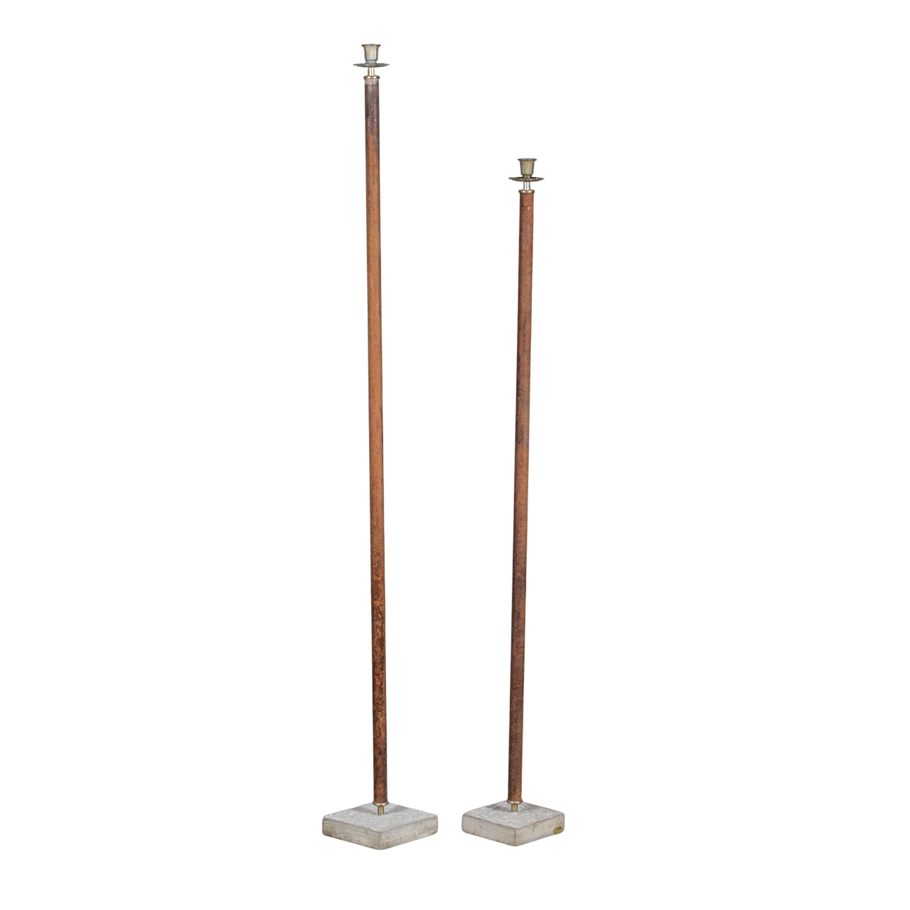 FLOOR CANDLESTICKS, 2 pcs, brass/metal tray marked Two faces, contemporary.